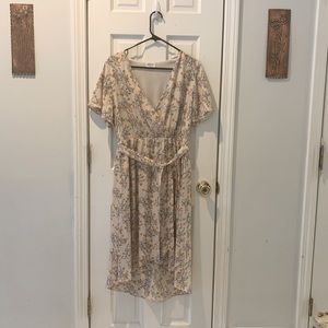 Beige Flutter Sleeve Floral Chiffon Wrap Dress